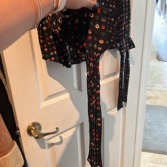 Equipment France Aurora multi floral black silk blouse mock neck bow top XL - Picture 6 of 10